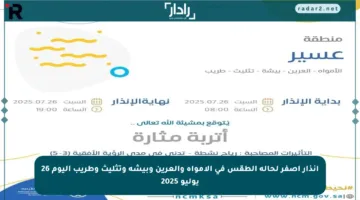 إنذار أصفر لحالة الطقس في الأمواه والعرين وبيشة وتثليث وطريب اليوم 26 يوليو 2025